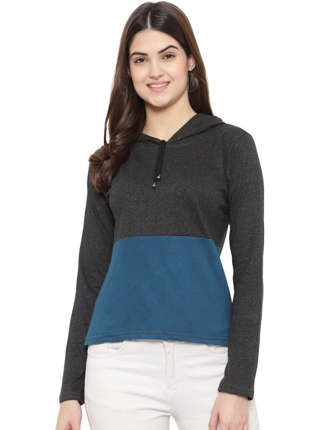 

DEEPMAYRA COLLECTION Women Colourblocked Hooded Cotton T-shirt, Grey