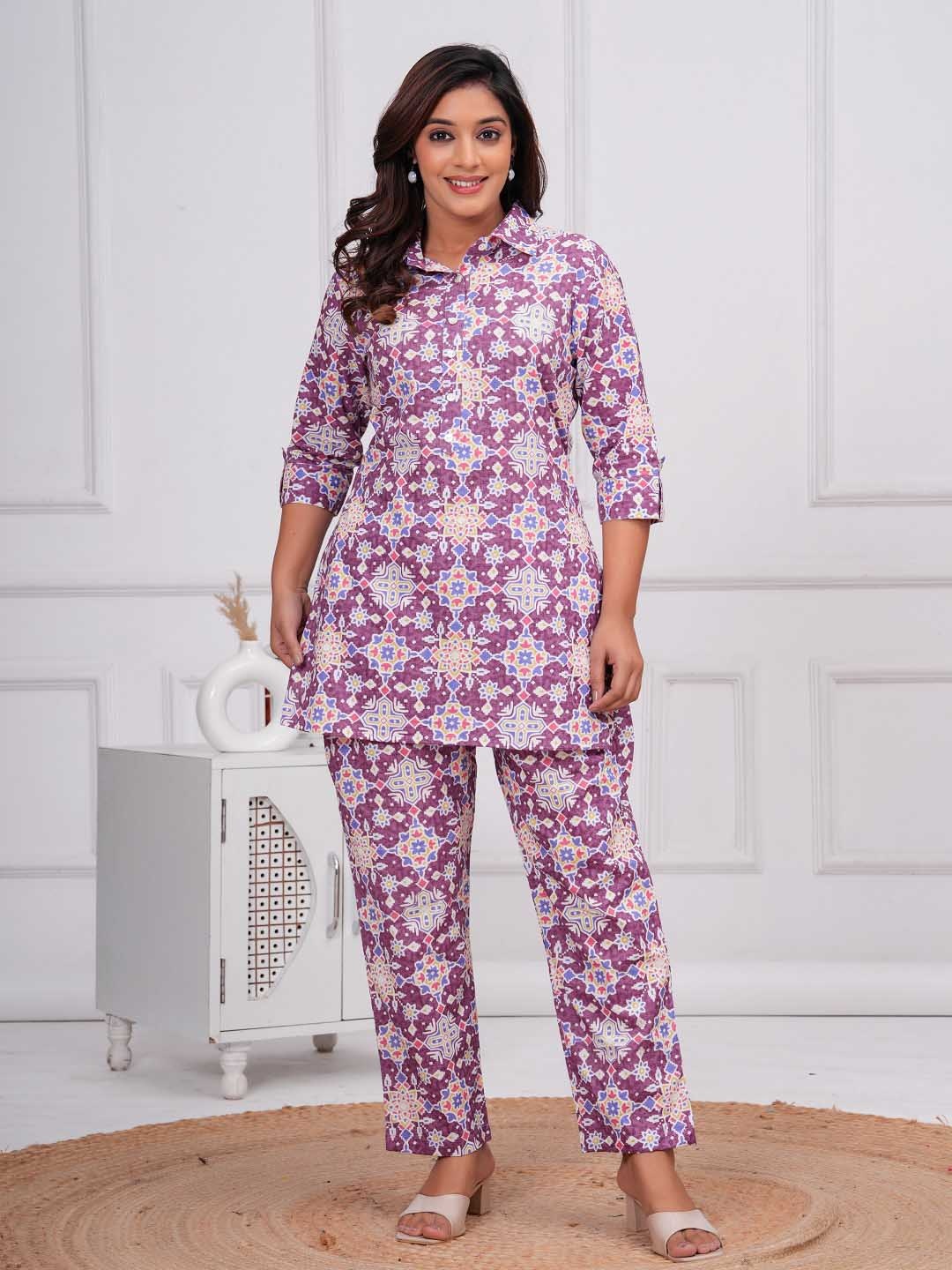 

Nevisha Style Ethnic Motifs Printed Shirt Collar Pure Cotton Tunic And Trousers, Purple