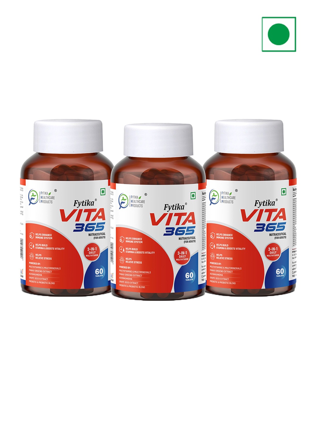 

FYTIKA Set Of 3 Vita 365 3 in 1 Multivitamin Manages Stress - 60 Tablets Each, Red