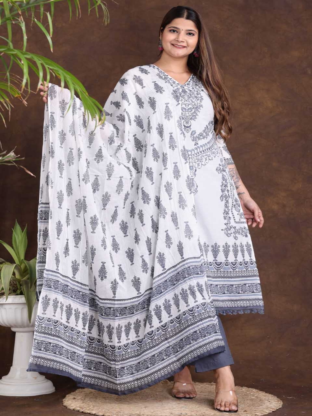 

KALINI Women Floral Printed Regular Pure Cotton Kurta with Trousers & With Dupatta, Grey