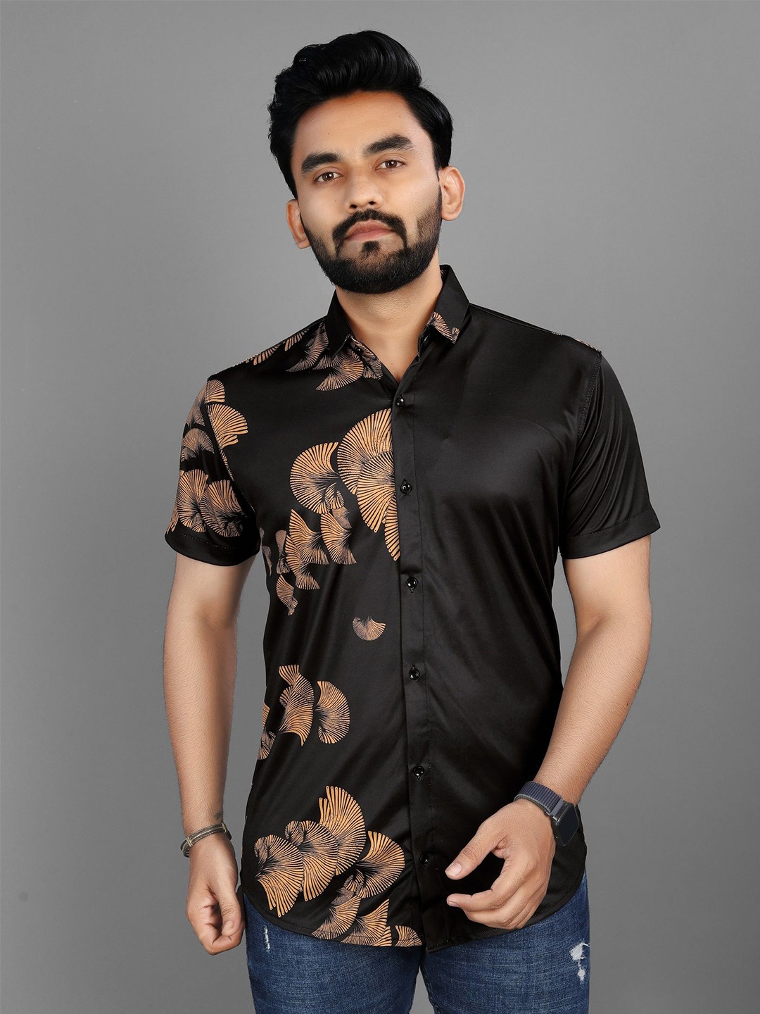 

Fashion FRICKS Men Classic Floral Opaque Printed Casual Shirt, Black