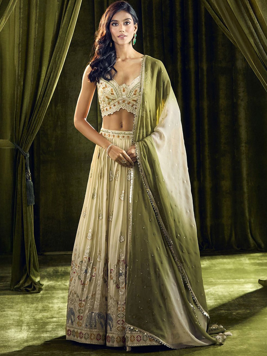 

Alaya Advani Embroidered Beads and Stones Ready to Wear Lehenga & Blouse With Dupatta, Cream