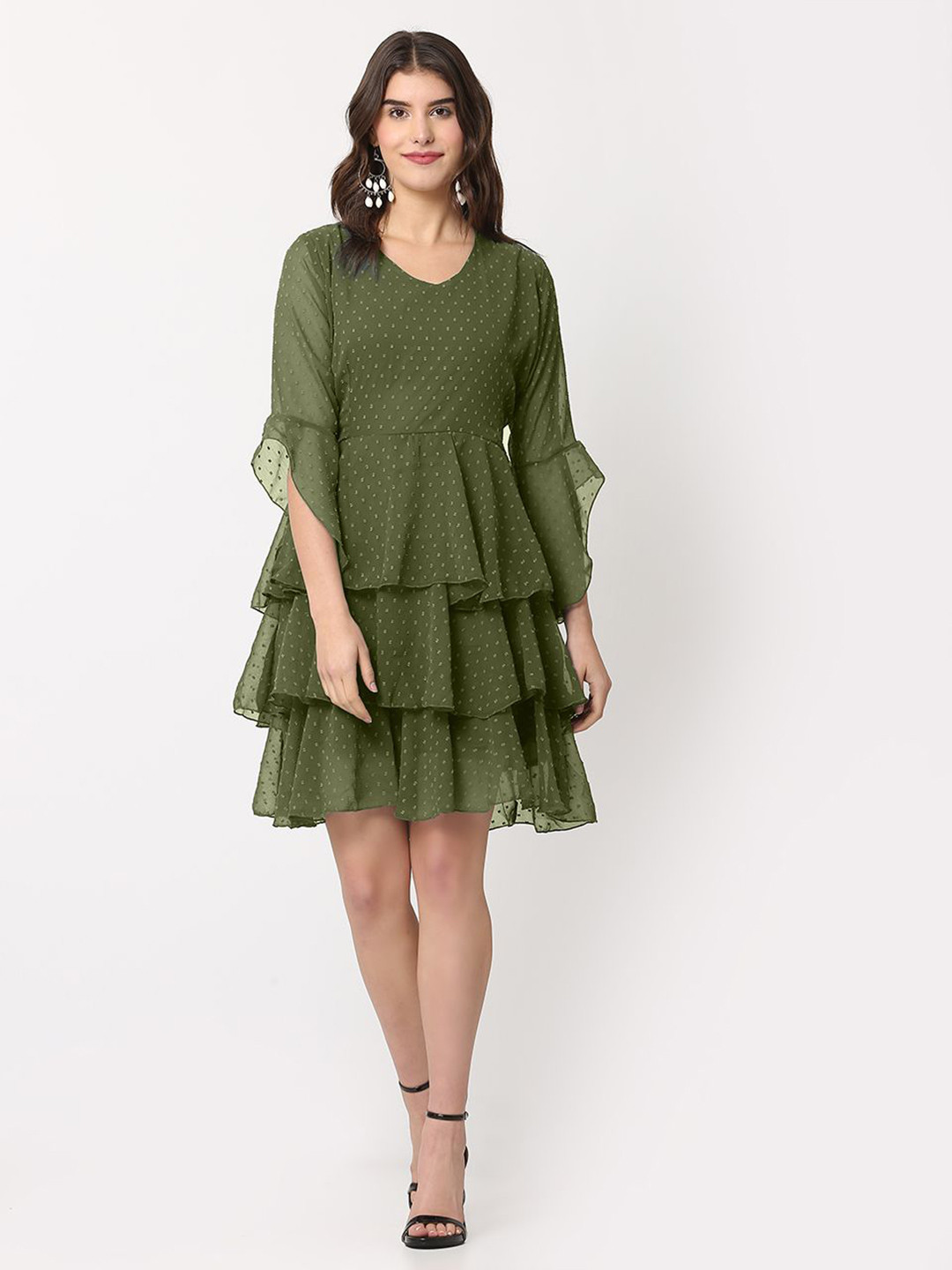 

FLOREOS Women Self Design Layered Fit & Flare Dress, Olive