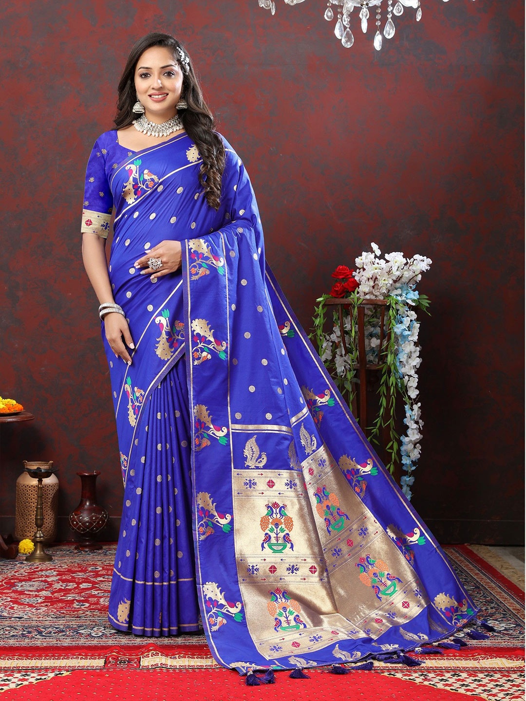 

LeeliPeeri Designer Woven Design Zari Silk Blend Paithani Saree, Blue