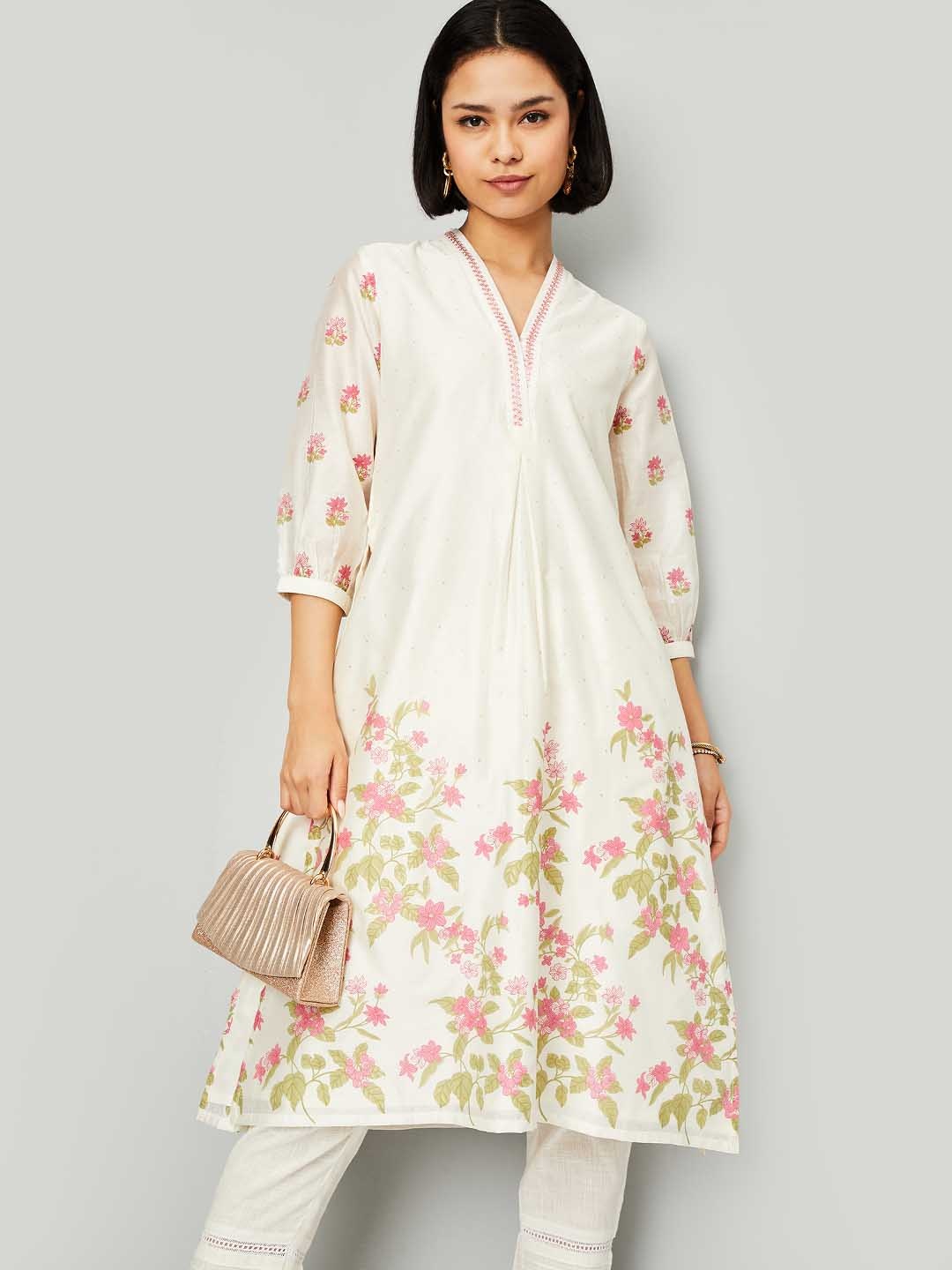 

max Floral Printed Thread Work V-Neck Anarkali Kurta, Off white