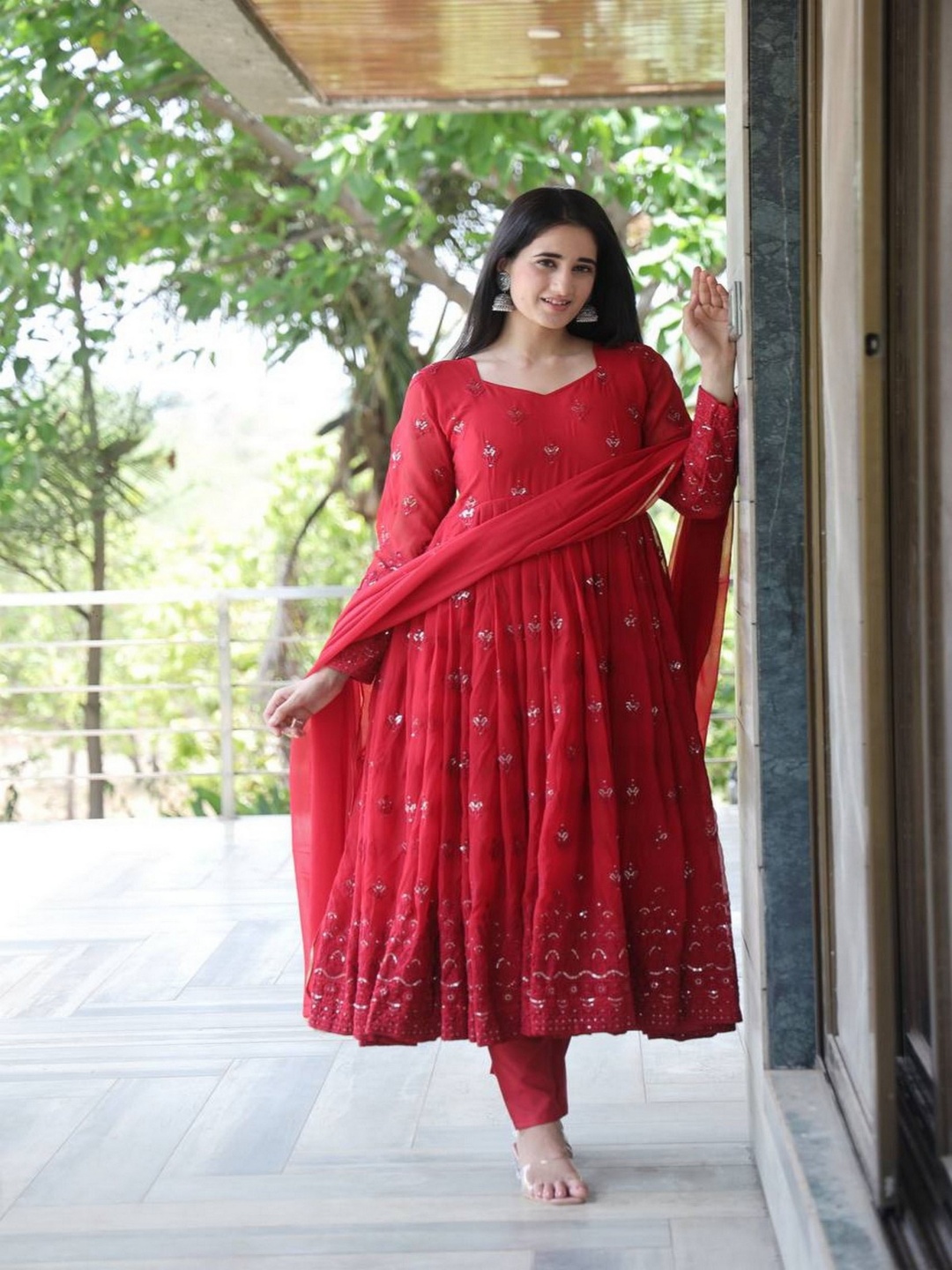 

mimi design Floral Embroidered Thread Work Empire Anarkali Kurta With Trouser & Dupatta, Red
