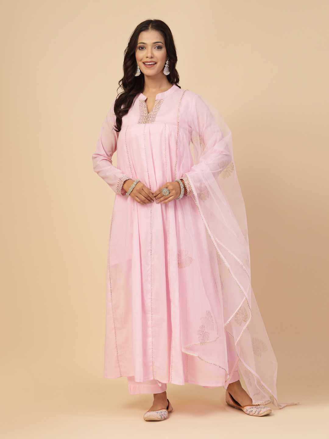 

Shangri LA MS Designs Striped Mandarin Collar Gotta Patti Kurta with Trouser & Dupatta, Pink