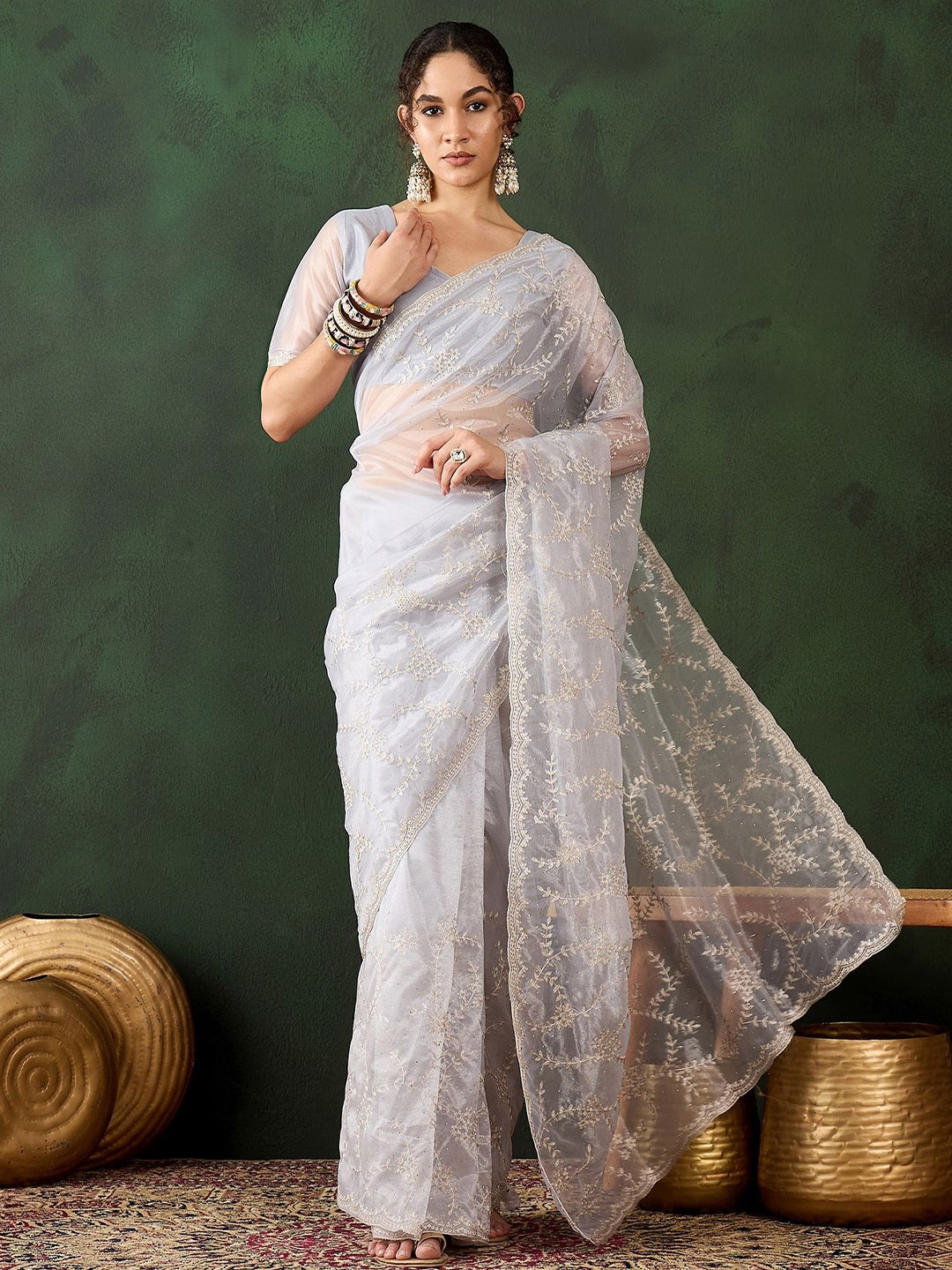 

Maroosh Women Embellished Embroidered Saree, Silver