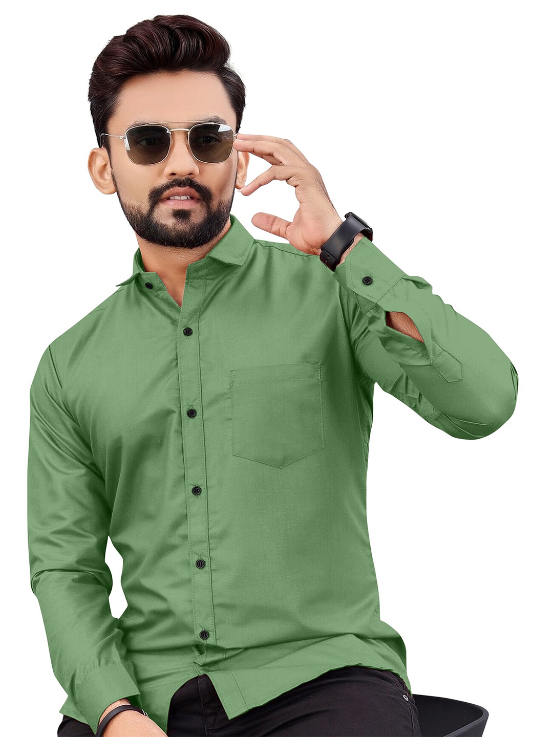 

IKON FASHION Men Original Fit Spread Collar Textured Cotton Casual Shirt, Green