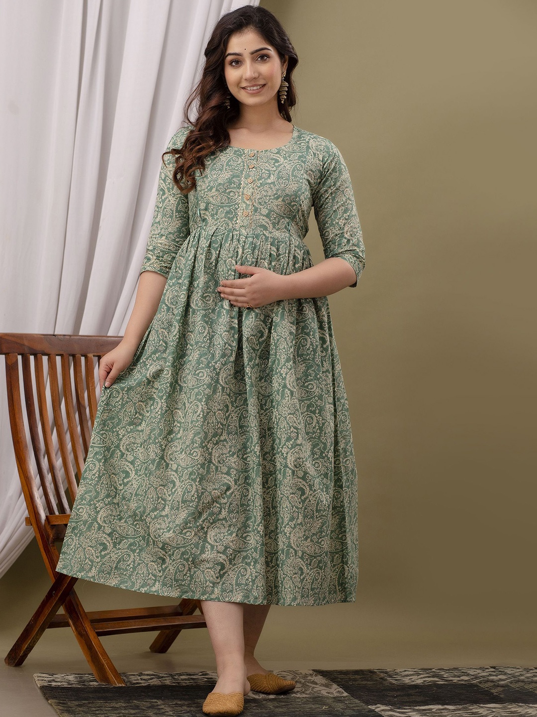 

FEMARY Fit and Flare Cotton Printed Maternity Midi Dress, Green