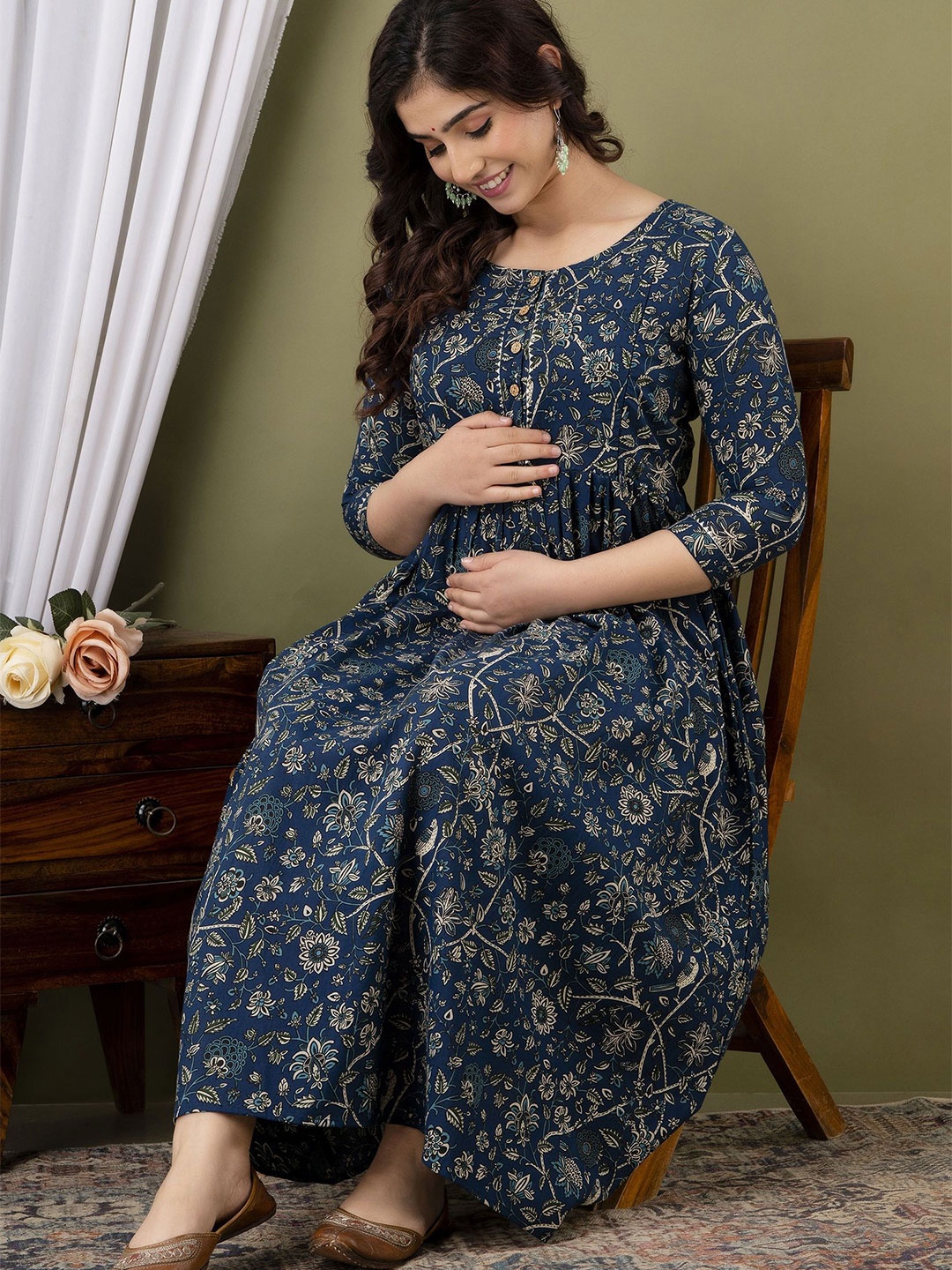 

Tulsiram Women Floral Printed Pure Cotton Midi Maternity Dress, Blue
