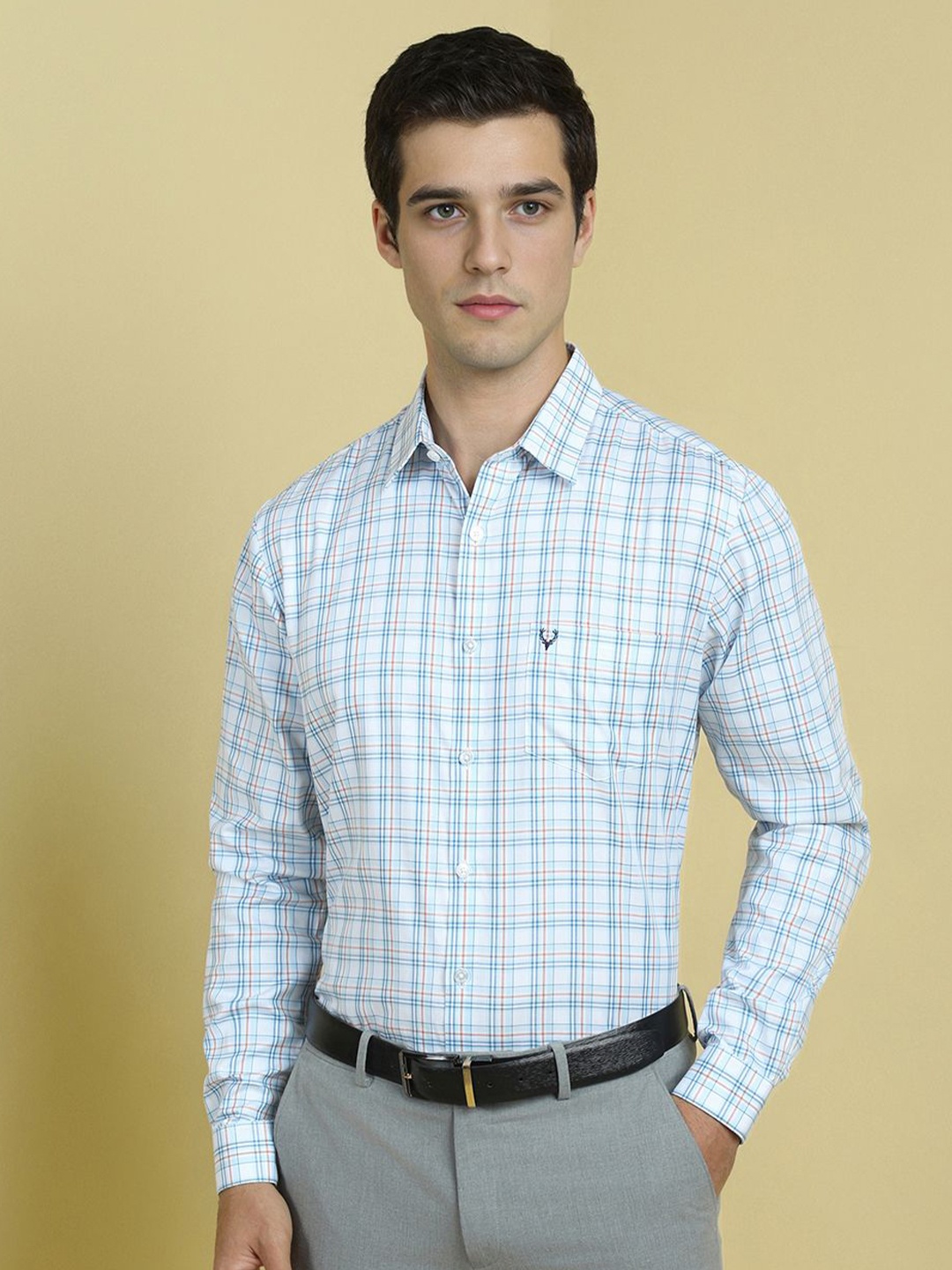 

Allen Solly Men Slim Fit Spread Collar Checked Cotton Formal Shirt, Blue