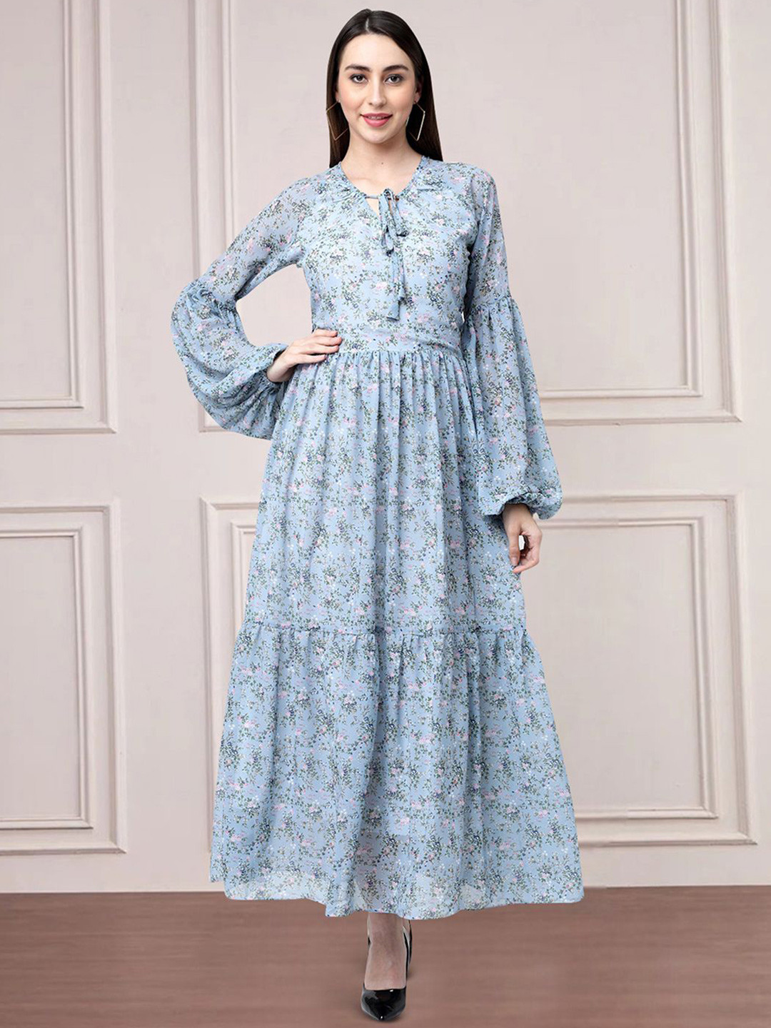 

MISS AYSE Floral Print Tie-Up Neck Puff Sleeve Fit & Flare Maxi Dress, Blue