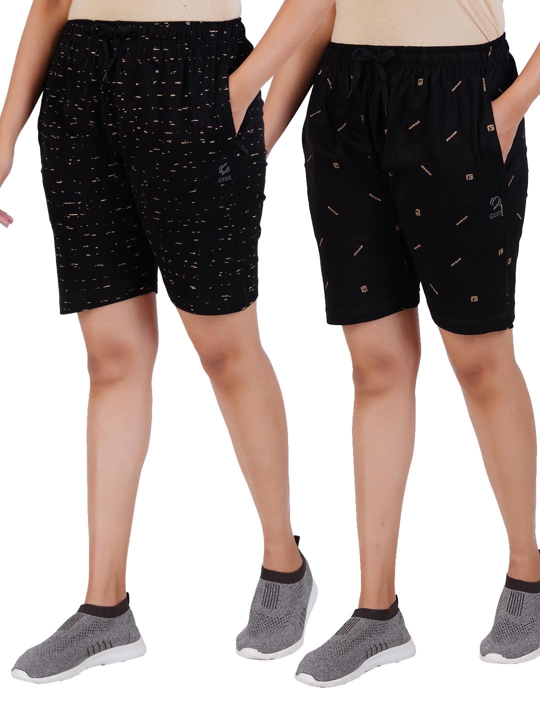 

GUIDE Women Pack Of 2 Printed Regular Fit Shorts, Black