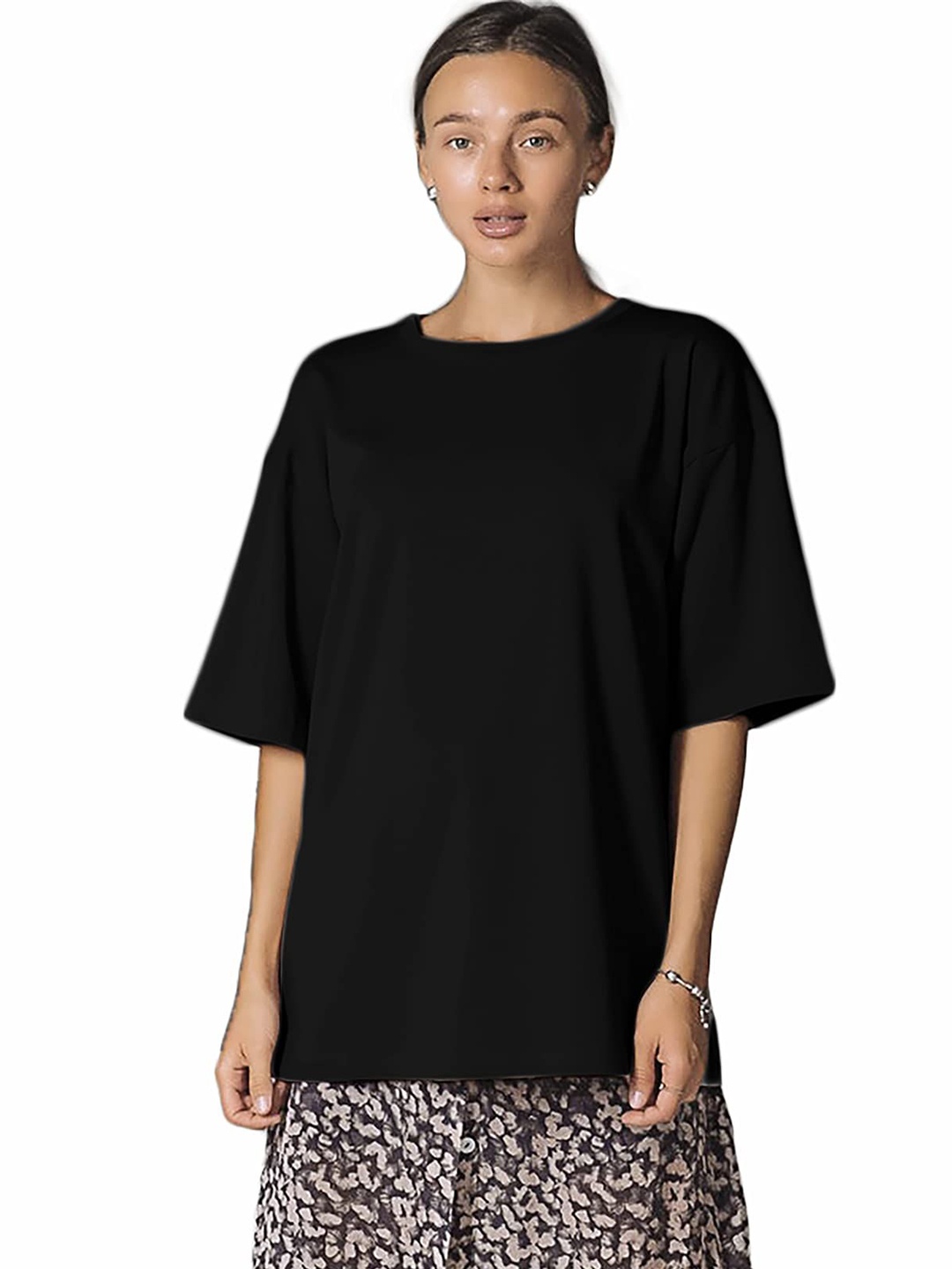

NOTWILD Women Solid Round Neck Cotton Oversized T-shirt, Black