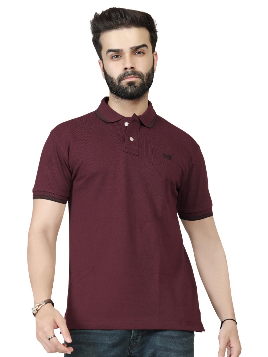 

WATAY Men Solid Polo Collar Cotton T-shirt, Burgundy