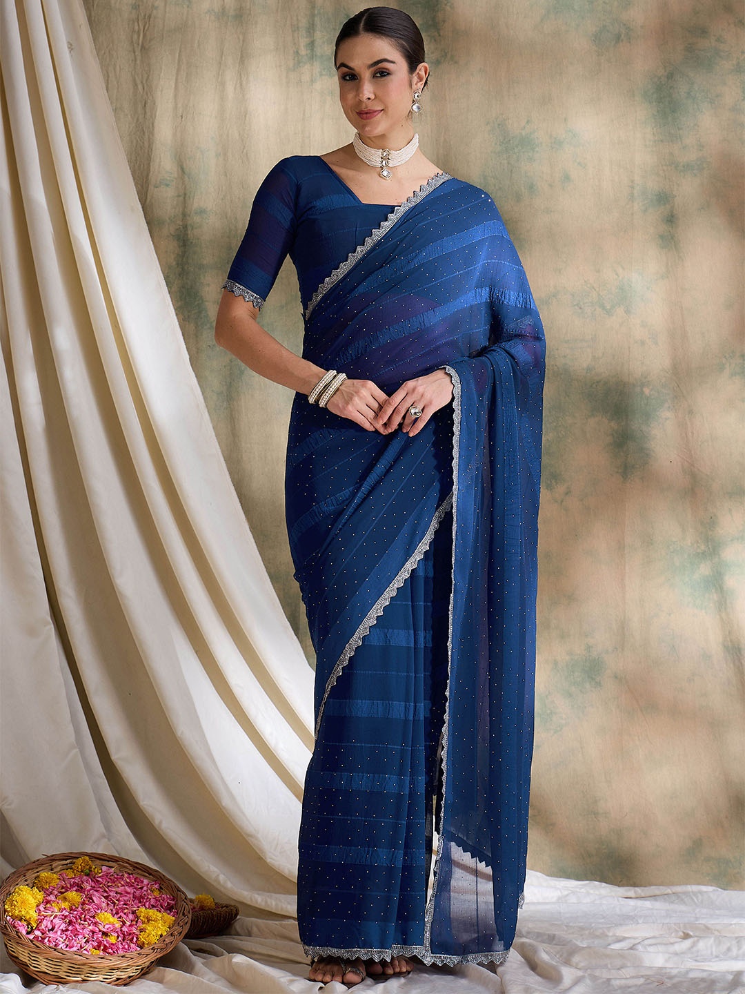 

MANVAA Embellished Beads and Stones Silk Blend Banarasi Saree, Teal