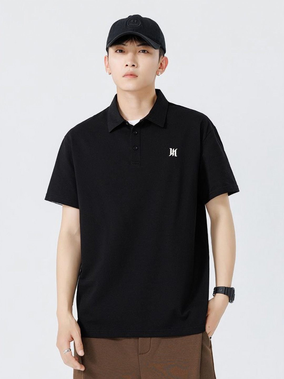 

StyleCast x Revolte Men Solid Polo Collar Cotton Oversized T-shirt, Black