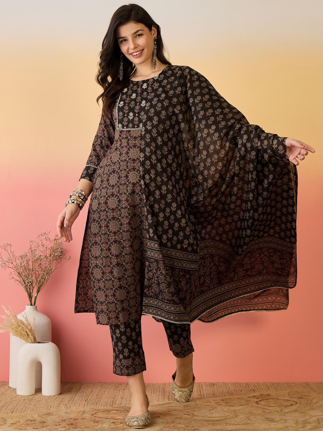 

Sangria Brown Ethnic Motifs Printed Pure Cotton Kurta With Trouser And Dupatta