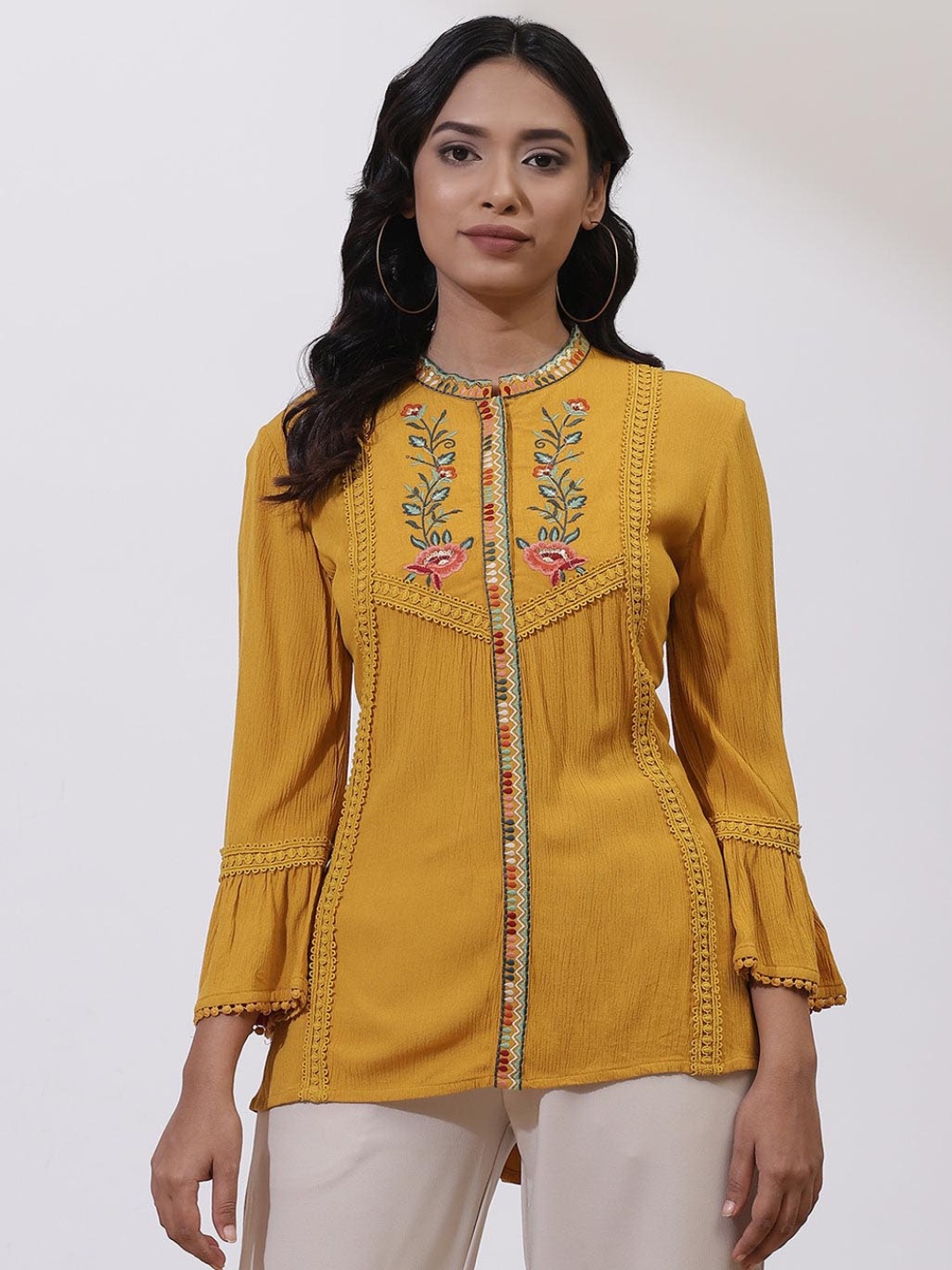 

Lakshita Floral Embroidered Mandarin Collar Cotton A-Line Kurta, Mustard