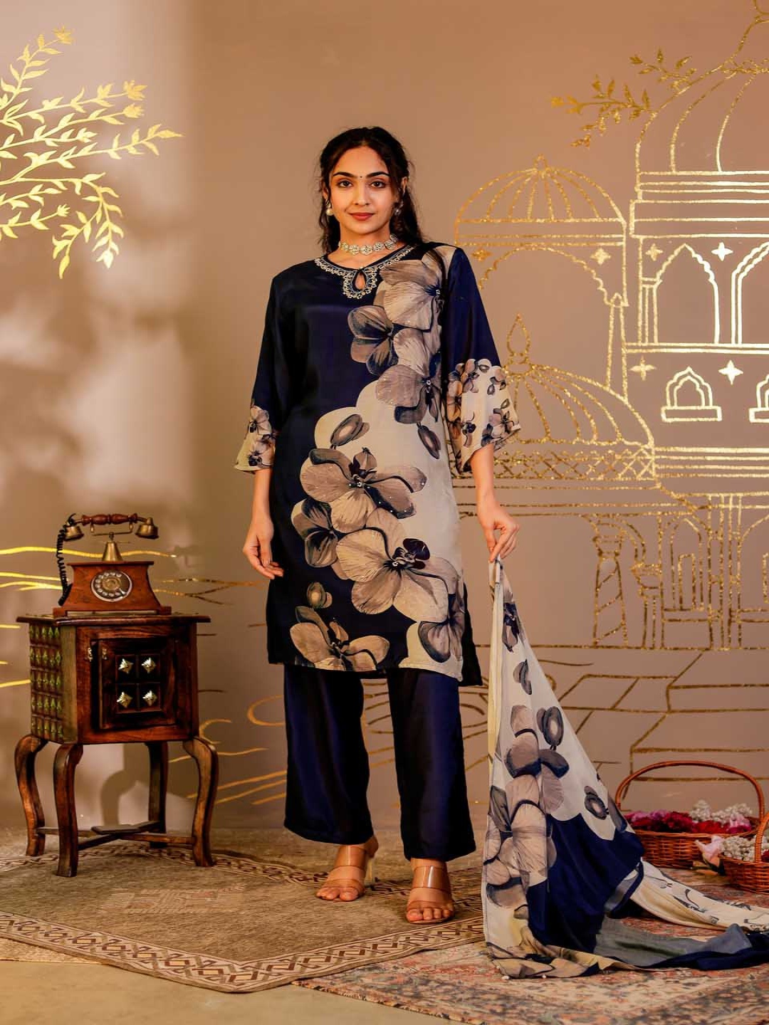 

Chandbaali Women Floral Printed Regular Beads and Stones Kurta with Trousers & With Dupatta, Blue