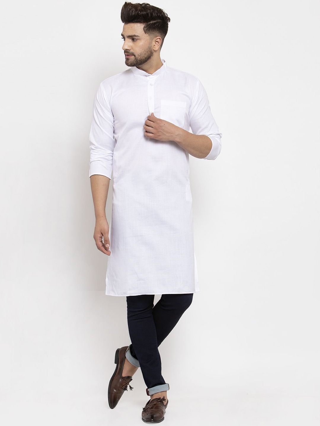 

Kaifoo Band Collar Straight Kurta, White