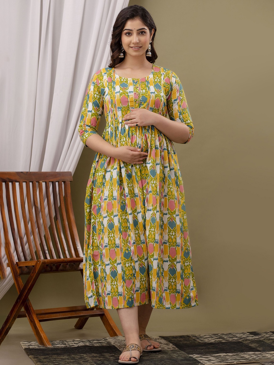 

FEMARY Women Ethnic Printed Maternity Cotton Fit and Flare Midi Dress, Yellow