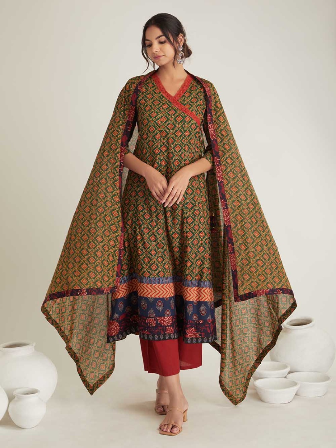 

SHILPI HANDICRAFTS Ethnic Motifs Printed Pure Cotton A-Line Kurta with Palazzos & Dupatta, Olive