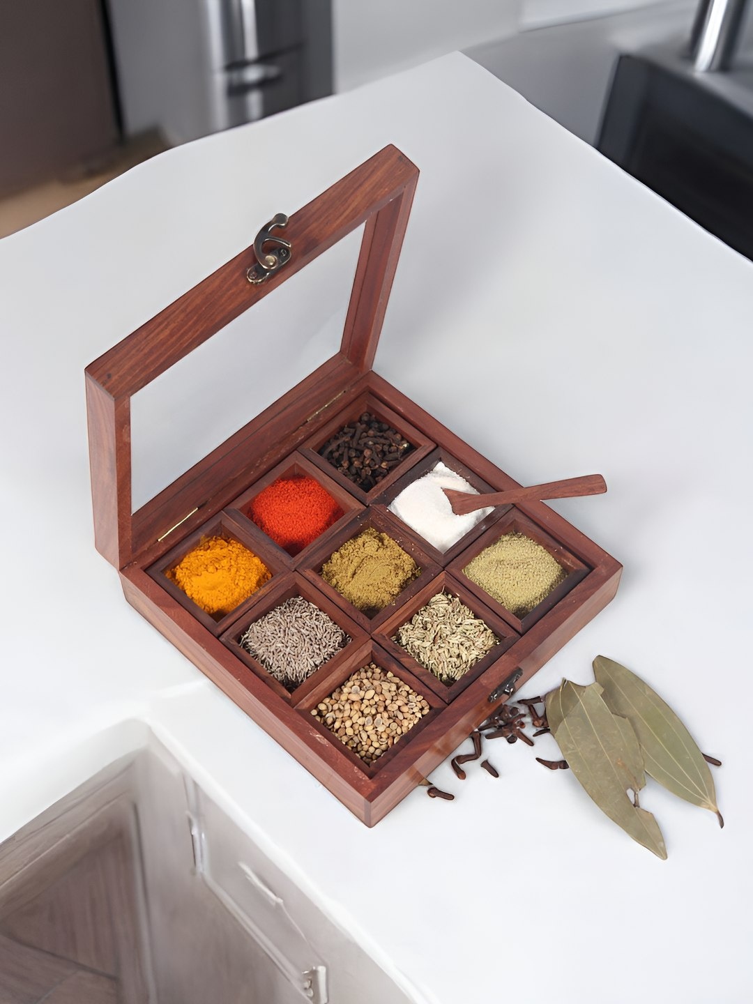 

Creation India Craft Brown Easy to Clean Wooden Spice Box