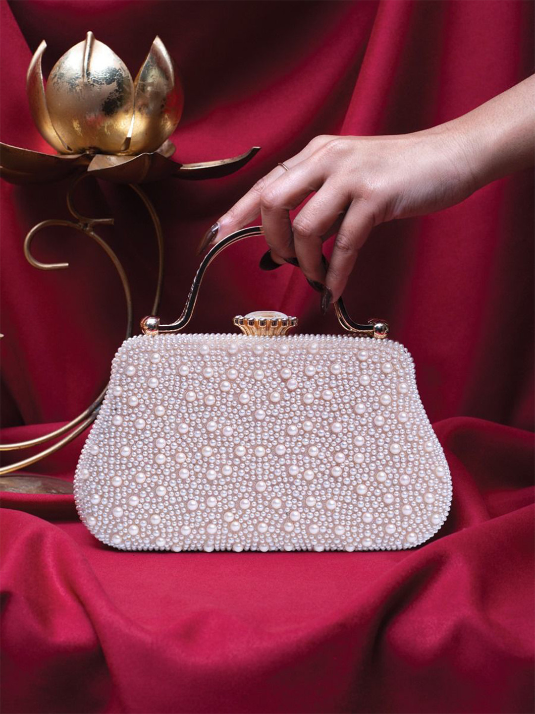 

ARTKLIM Embroidered Pearl Beaded Box Party Clutch, White