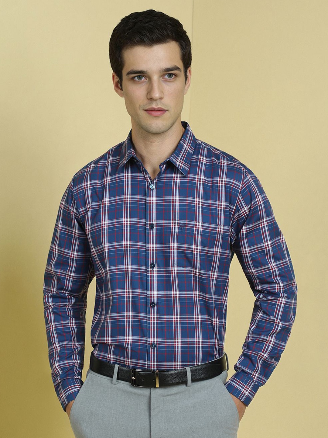 

Allen Solly Men Slim Fit Spread Collar Checked Cotton Formal Shirt, Blue