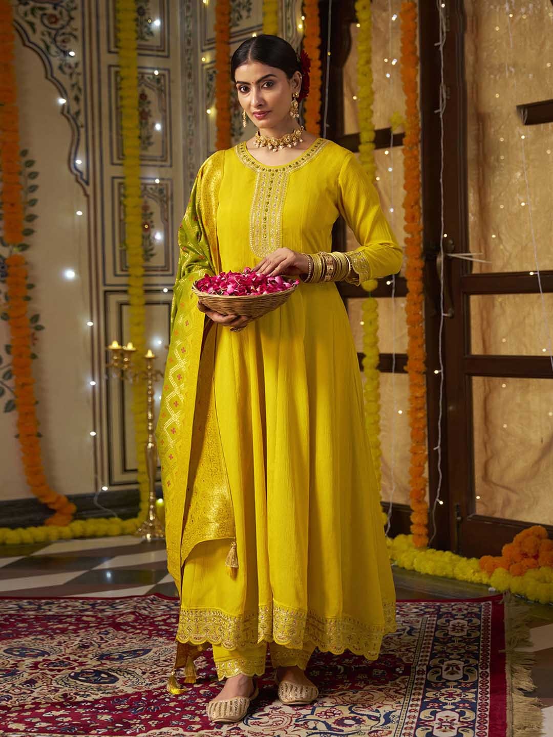 

Kvsfab Ethnic Motifs Embroidered Panelled Anarkali Kurta with Trousers & Dupatta, Yellow
