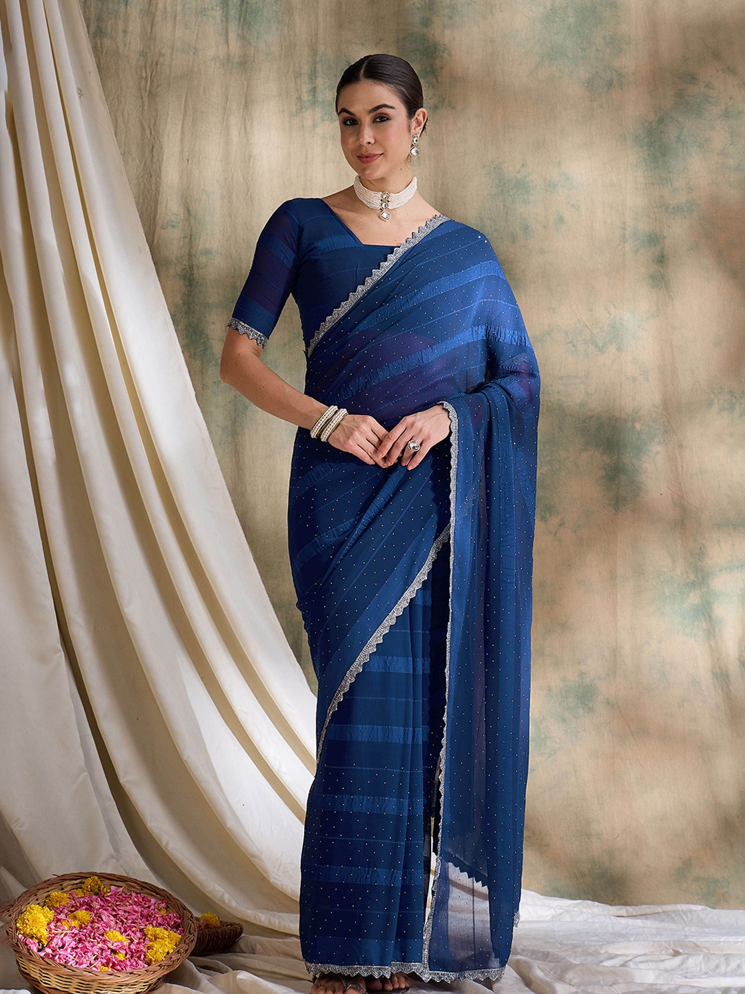 

Maroosh Striped Beads and Stones Saree, Teal