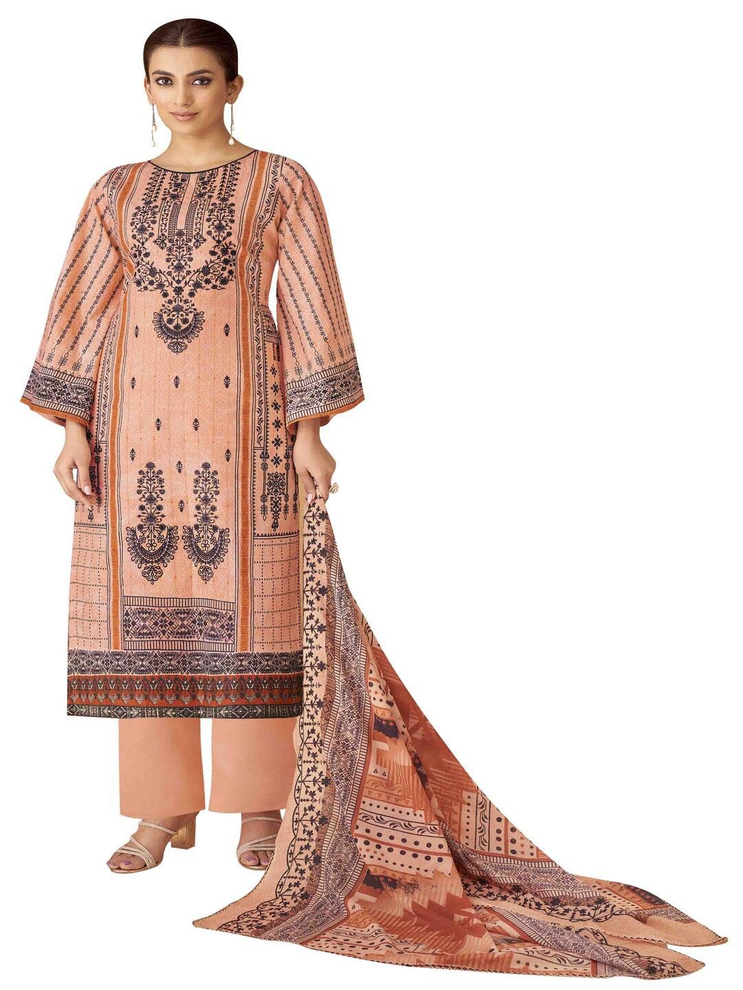 

DRAVINAM Trends Floral Embroidered Pure Cotton Unstitched Dress Material, Orange