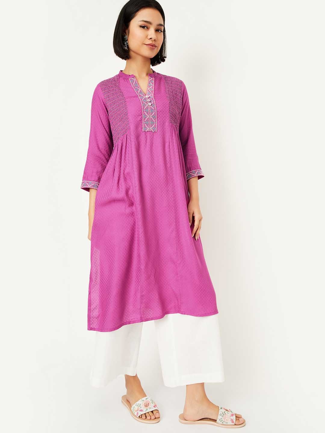 

max Ethnic Motifs Printed Thread Work Mandarin Collar A-Line Kurta, Pink