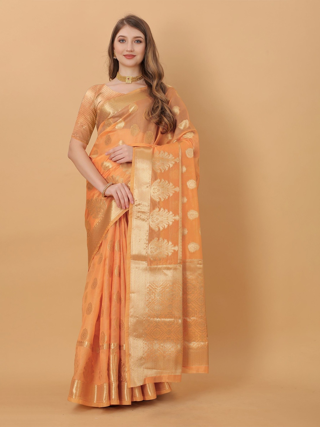 

LeeliPeeri Designer Ethnic Motifs Zari Organza Saree With Rich Zari Weaving Pallu, Peach