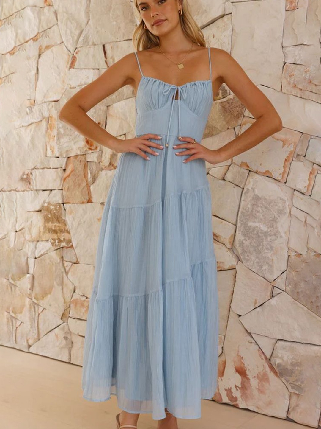 

LULU & SKY Shoulder Straps Tiered A-line Maxi Dress, Blue