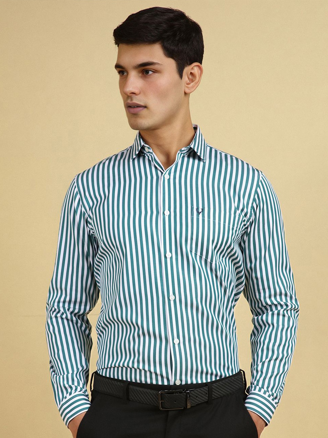 

Allen Solly Men Slim Fit Spread Collar Vertical Striped Cotton Formal Shirt, Teal