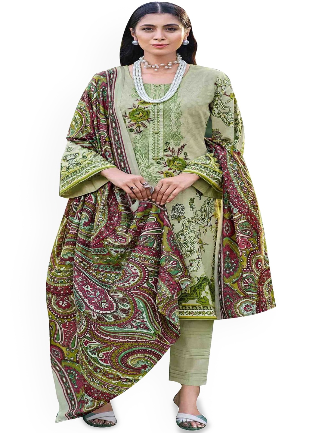 

DRAVINAM Trends Floral Embroidered Pure Cotton Unstitched Dress Material, Green