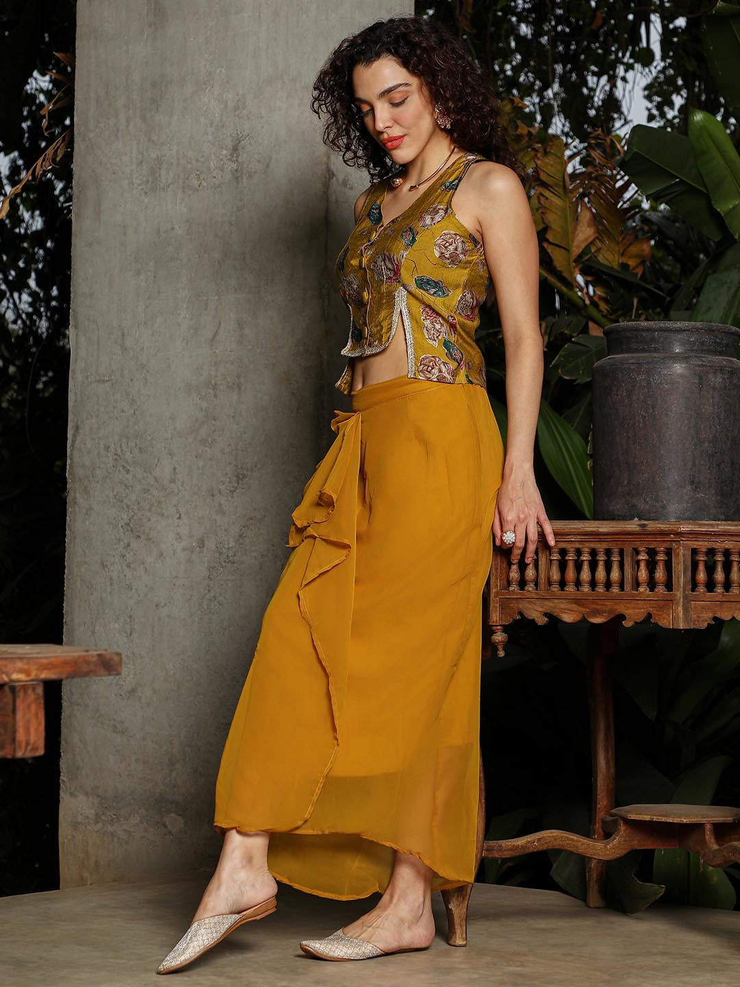 

QISSA Floral Printed V-Neck Top & Skirt, Mustard