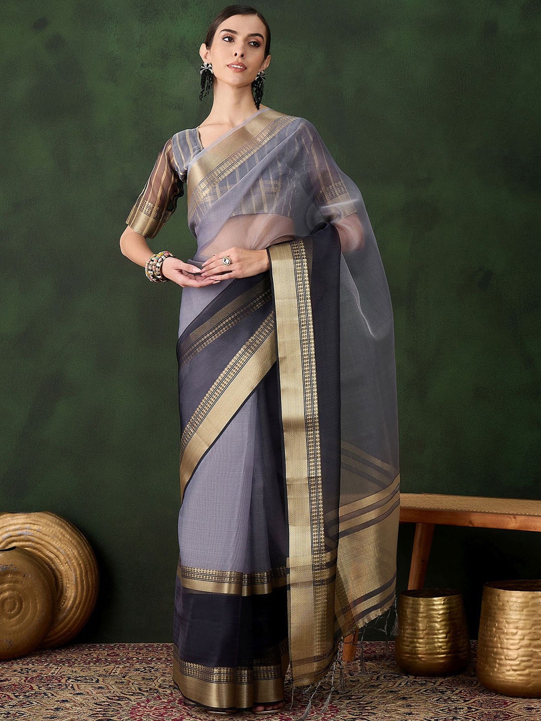 

Mitera Zari Organza Kanjeevaram Saree, Grey