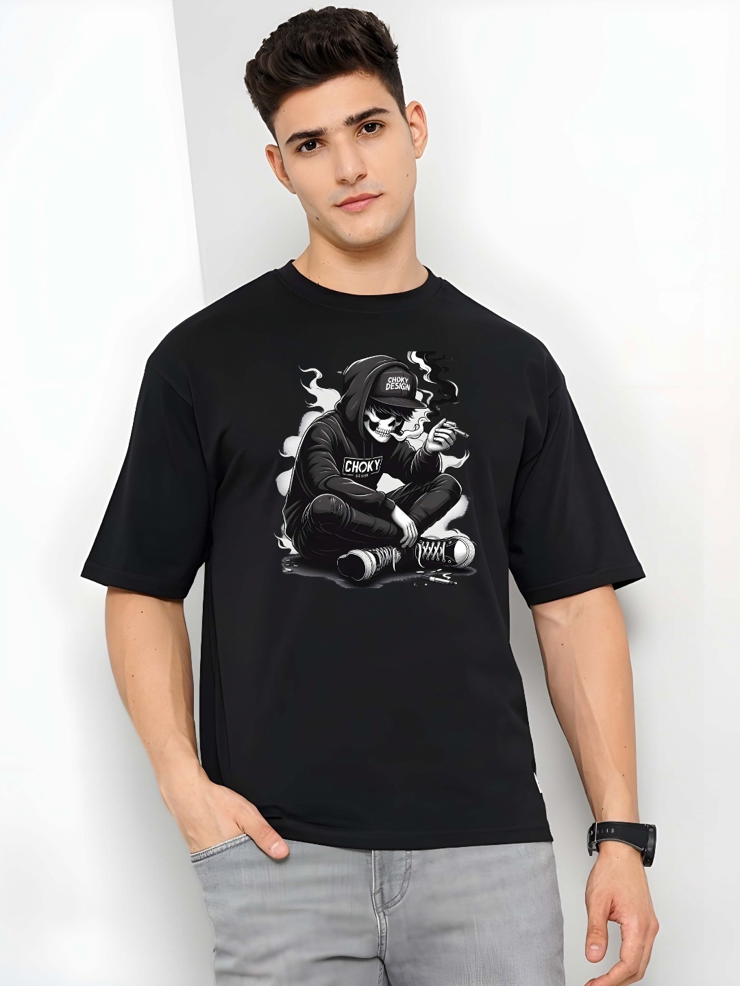 

Krimmple Men Drop-Shoulder Sleeves Pure Cotton T-shirt, Black