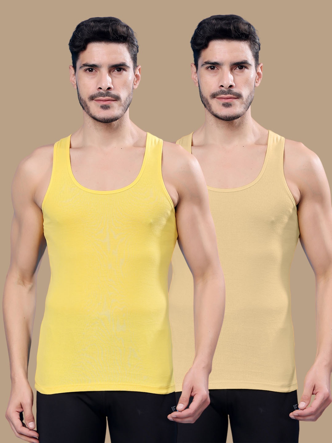 

Friskers Men Pack Of 2 Round Neck Ribbed Pure Cotton Gym Vests 17012025R-06-09, Yellow