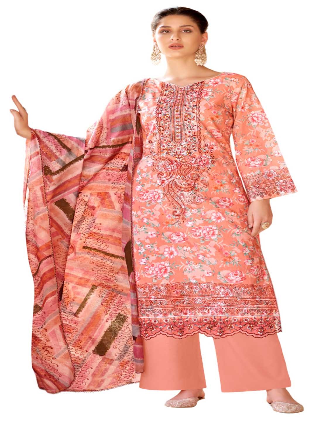 

DRAVINAM Floral Embroidered Sequinned Pure Cotton Unstitched Dress Material, Peach