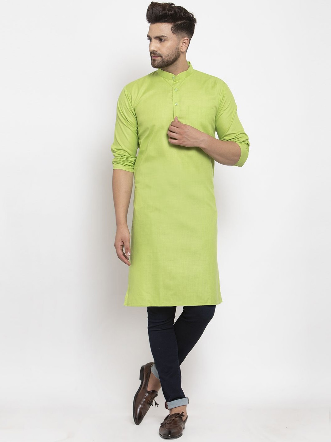 

Kaifoo Band Collar Straight Kurta, Green