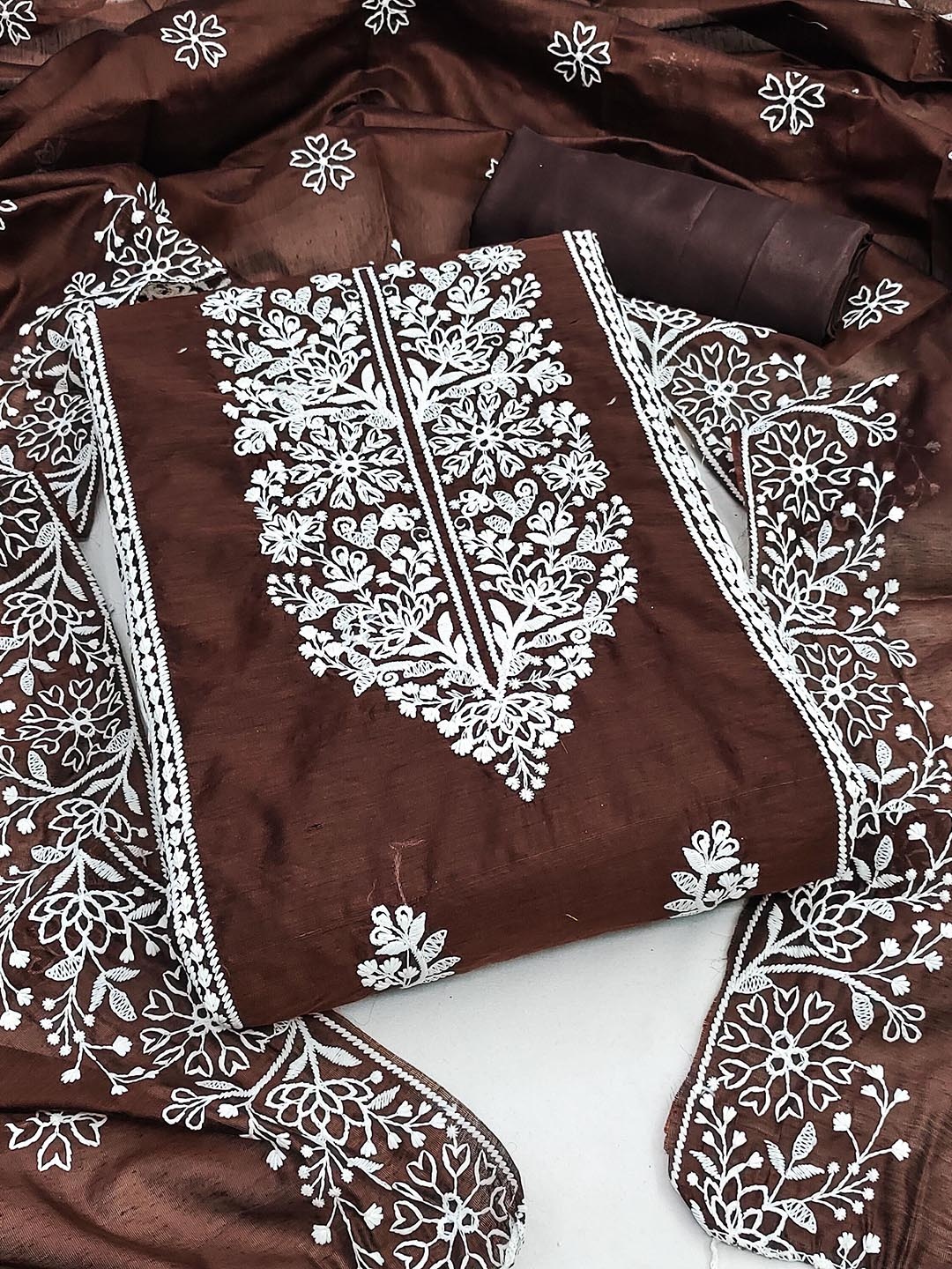 

Maroosh Floral Embroidered Cotton Unstitched Dress Material, Brown