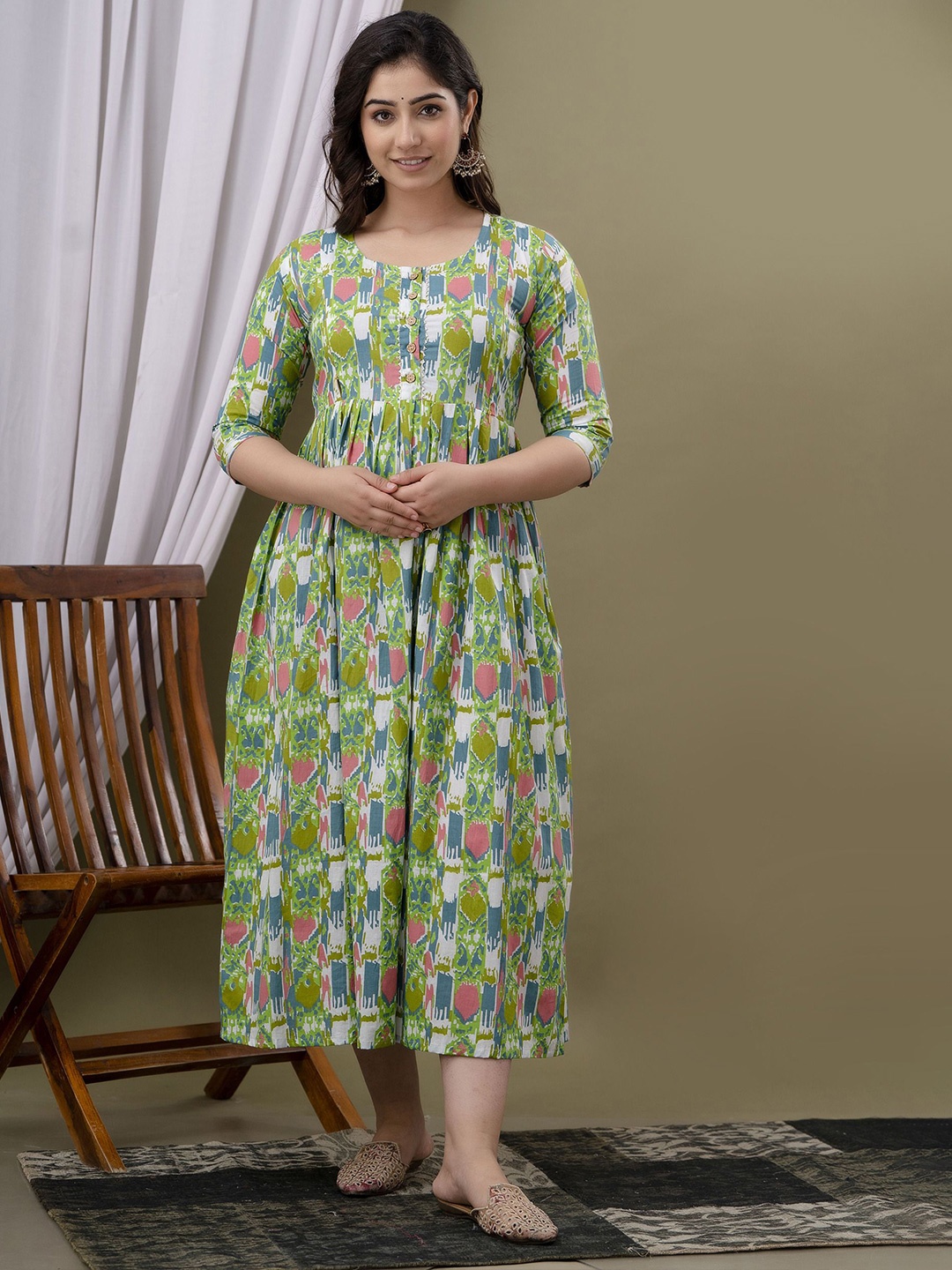 

UrbanRang Women Ethnic Motifs Printed Cotton Maternity Midi Dress, Green