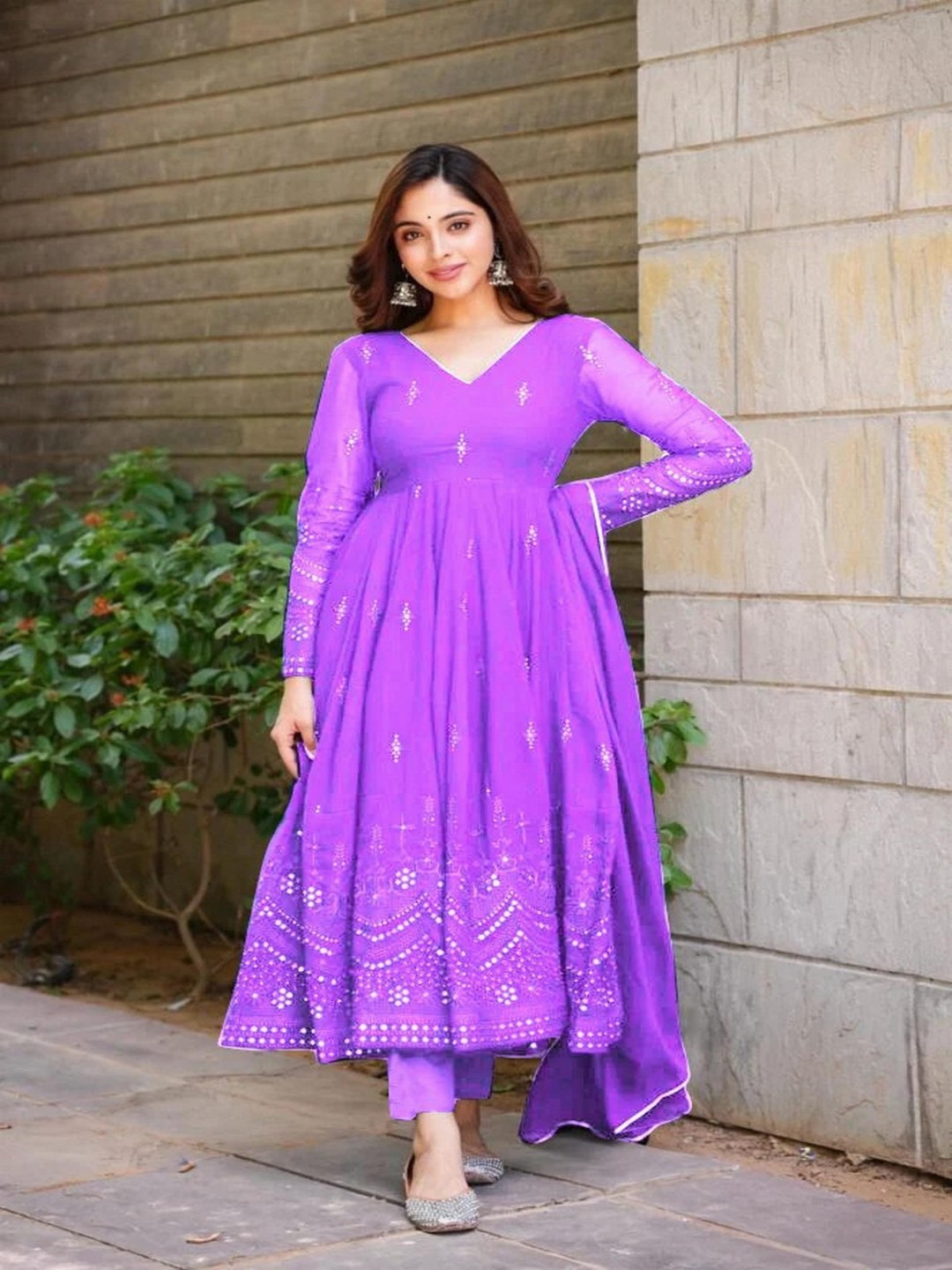 

ZEEPKART Women Ethnic Motifs Embroidered Empire Mirror Work Silk Georgette Kurta with Dhoti Pants & With, Purple