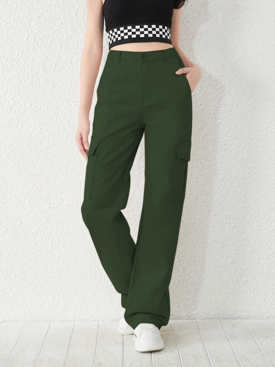 

KATECLO Women High-Rise Regular Fit Pure Cotton Cargo Trousers, Green
