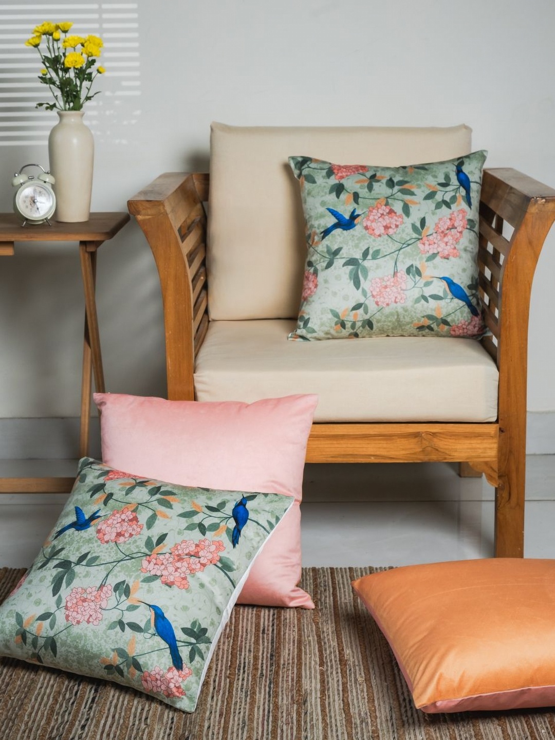 

Abolee Homes Green & Pink Set of 3 Floral Velvet Square Cushion Covers